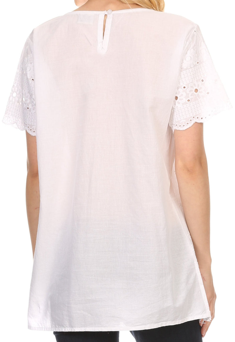 Sakkas Floyra Long Floral Flower Crochet Embroidered Short Sleeve Blouse Shirt Top