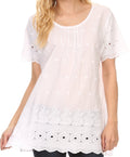Sakkas Floyra Long Floral Flower Crochet Embroidered Short Sleeve Blouse Shirt Top#color_White