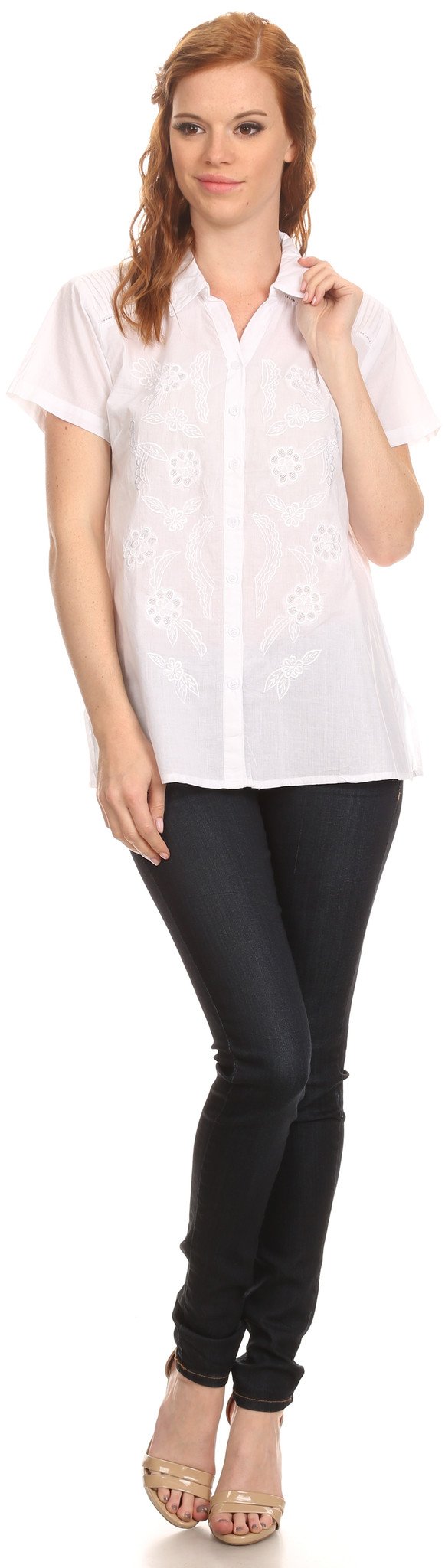 Sakkas Vinataey Long Floral Embroidered Short Sleeve Collar Button Down Shirt Top