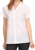 Sakkas Vinataey Long Floral Embroidered Short Sleeve Collar Button Down Shirt Top#color_White