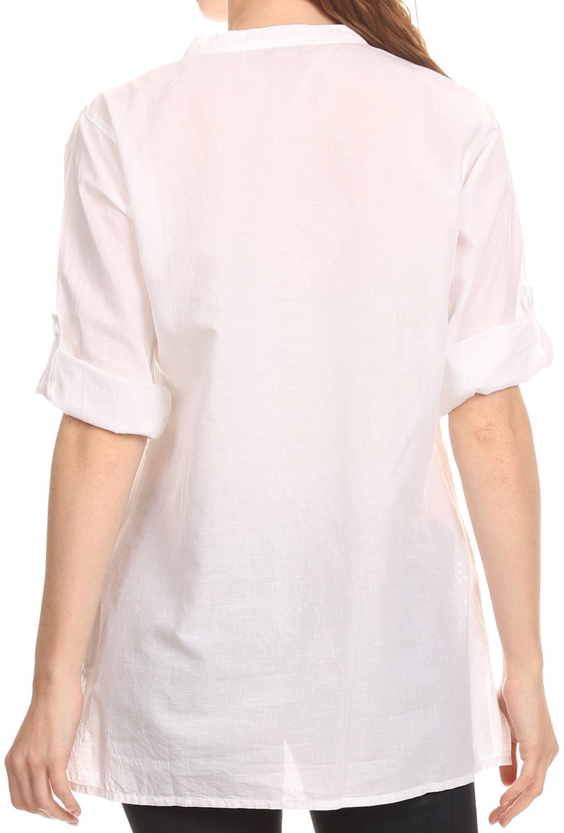 Sakkas Lukee Long Embroidered 3/4 Length Sleeved Button Tunic Blouse Shirt Top