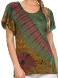 Sakkas Ina Tie Dye Scoop Neck Cap Sleeves Blouse/Top#color_Olive