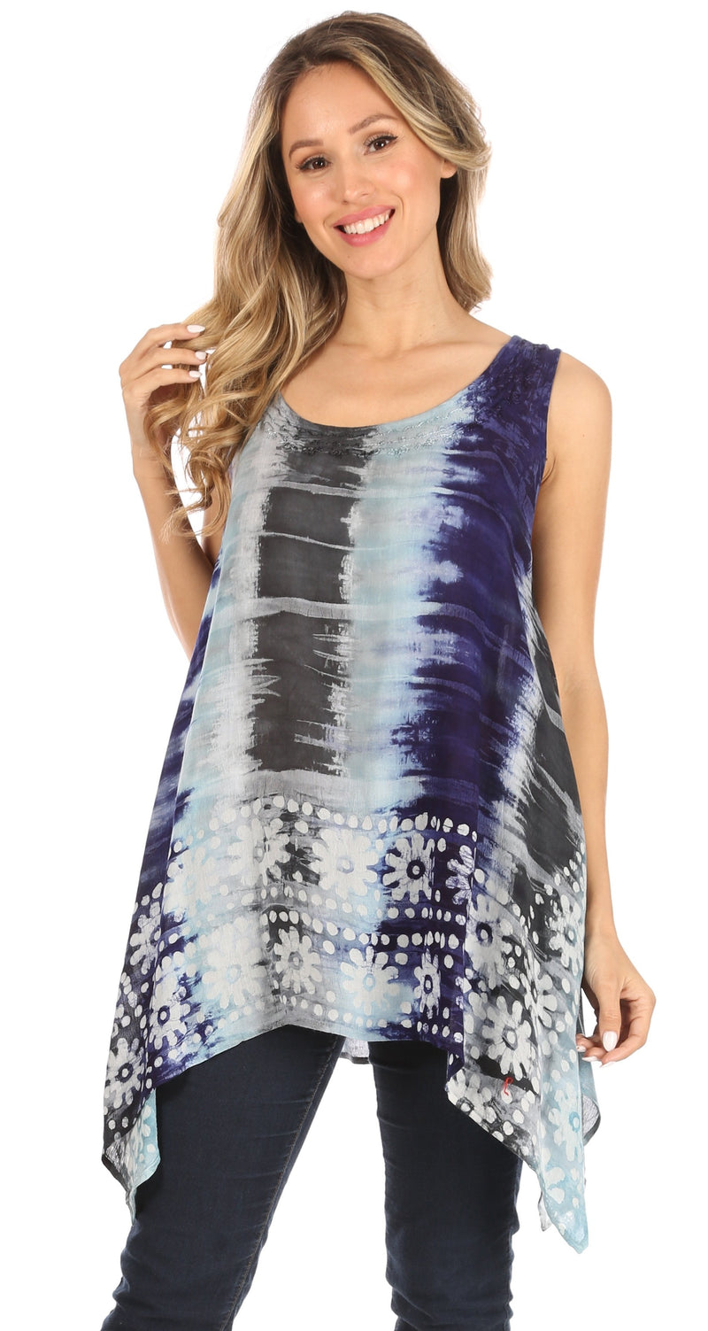 Sakkas Marin Women's Sleeveless Loose Boho Casual Tank Top Blouse Tie-dye & Batik