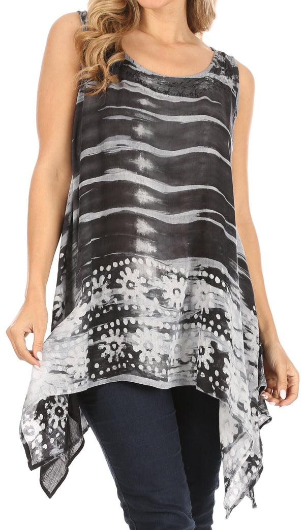 Sakkas Marin Women's Sleeveless Loose Boho Casual Tank Top Blouse Tie-dye & Batik#color_Black