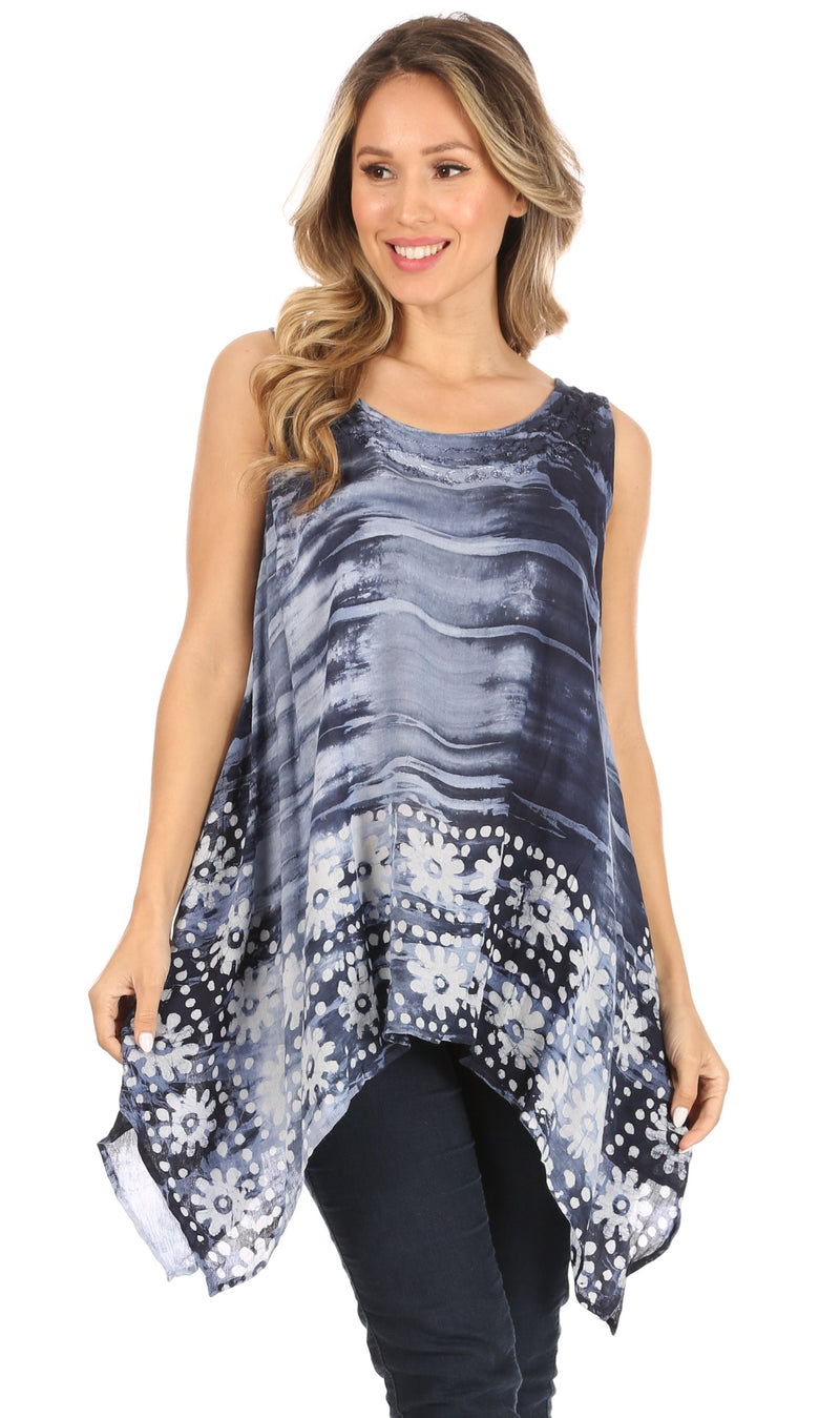 Sakkas Marin Women's Sleeveless Loose Boho Casual Tank Top Blouse Tie-dye & Batik