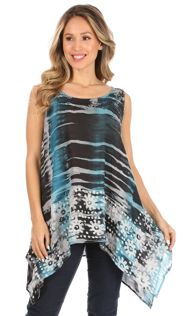 Sakkas Marin Women's Sleeveless Loose Boho Casual Tank Top Blouse Tie-dye & Batik