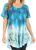 Sakkas Petra Women's Casual Loose Flared Corset Short Sleeve Lace Blouse Top Tunic#color_2202-Turquoise