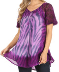 Sakkas Petra Women's Casual Loose Flared Corset Short Sleeve Lace Blouse Top Tunic#color_2206-Purple
