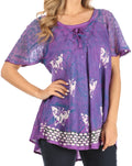 Sakkas Petra Women's Casual Loose Flared Corset Short Sleeve Lace Blouse Top Tunic#color_2207-Purple