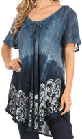 Sakkas Petra Women's Casual Loose Flared Corset Short Sleeve Lace Blouse Top Tunic#color_2211-GreyBlack