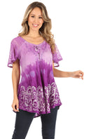 Sakkas Petra Women's Casual Loose Flared Corset Short Sleeve Lace Blouse Top Tunic