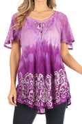 Sakkas Petra Women's Casual Loose Flared Corset Short Sleeve Lace Blouse Top Tunic#color_2211-Purple