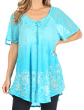 Sakkas Petra Women's Casual Loose Flared Corset Short Sleeve Lace Blouse Top Tunic#color_2211-Turquoise