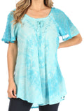 Sakkas Petra Women's Casual Loose Flared Corset Short Sleeve Lace Blouse Top Tunic#color_Turquoise
