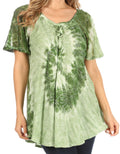 Sakkas Petra Women's Casual Loose Flared Corset Short Sleeve Lace Blouse Top Tunic#color_Green