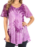 Sakkas Petra Women's Casual Loose Flared Corset Short Sleeve Lace Blouse Top Tunic#color_Purple