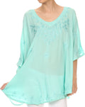 Sakkas Valeray Nature Floral Embroidered Wide Long Poncho Tunic Blouse Shirt Top#color_Aqua
