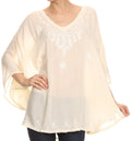 Sakkas Valeray Nature Floral Embroidered Wide Long Poncho Tunic Blouse Shirt Top#color_Off White