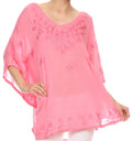 Sakkas Valeray Nature Floral Embroidered Wide Long Poncho Tunic Blouse Shirt Top#color_Pink