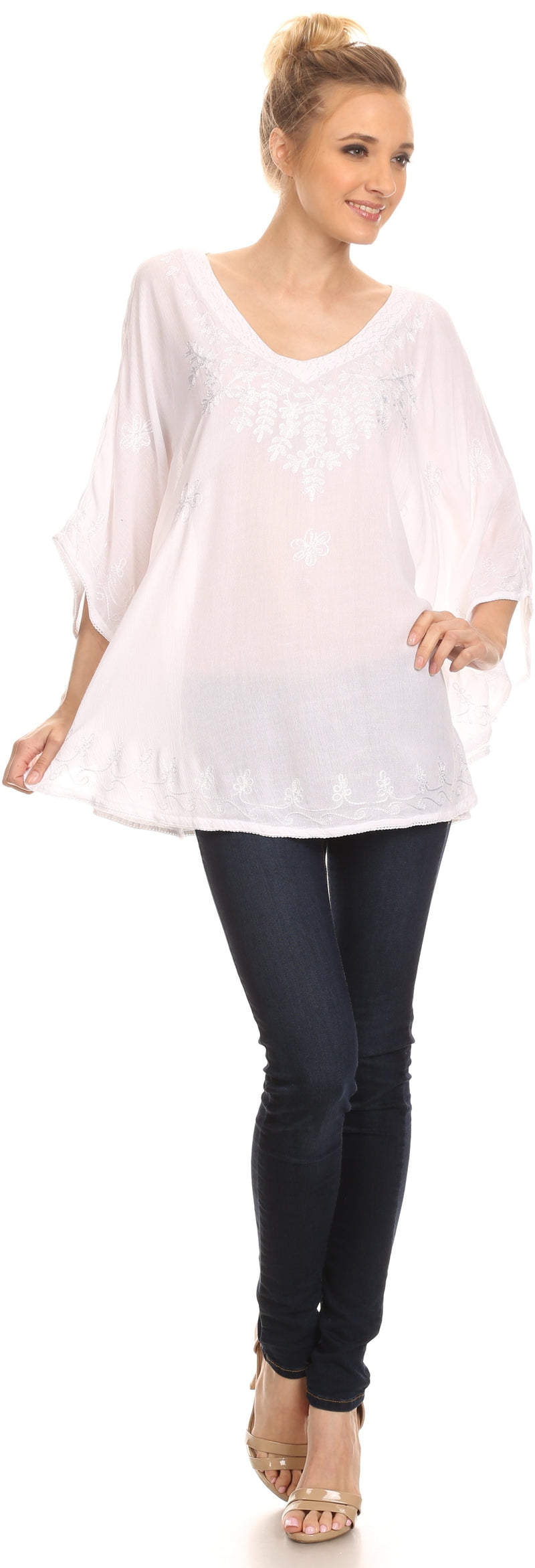 Sakkas Valeray Nature Floral Embroidered Wide Long Poncho Tunic Blouse Shirt Top