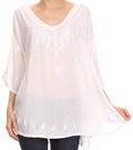 Sakkas Valeray Nature Floral Embroidered Wide Long Poncho Tunic Blouse Shirt Top#color_White