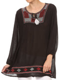 Sakkas Samne Long 3/4 Length Sleeve Embroidered Batik Blouse Tunic Shirt Top#color_Black/Red