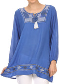 Sakkas Samne Long 3/4 Length Sleeve Embroidered Batik Blouse Tunic Shirt Top#color_Blue/White