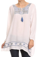 Sakkas Samne Long 3/4 Length Sleeve Embroidered Batik Blouse Tunic Shirt Top#color_White/Blue