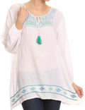 Sakkas Samne Long 3/4 Length Sleeve Embroidered Batik Blouse Tunic Shirt Top#color_White/Green