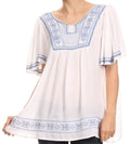 Sakkas Benyana Short Sleeve Tribal Aztec Embroidered Batik Tunic Blouse Shirt Top#color_White/Blue