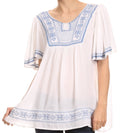 Sakkas Benyana Short Sleeve Tribal Aztec Embroidered Batik Tunic Blouse Shirt Top#color_White / Blue