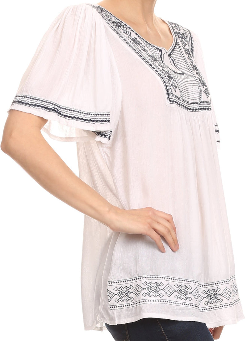 Sakkas Benyana Short Sleeve Tribal Aztec Embroidered Batik Tunic Blouse Shirt Top