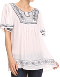 Sakkas Benyana Short Sleeve Tribal Aztec Embroidered Batik Tunic Blouse Shirt Top#color_White/Navy