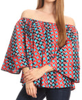 Sakkas Abree Off-shoulder Short Sleeve  Blouse Top Ankara Wax Dutch African Print#color_2293 Red/turq-tile 