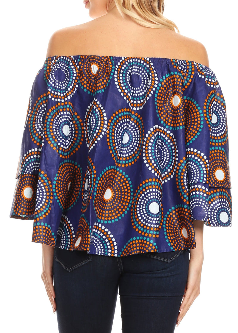 Sakkas Abree Off-shoulder Short Sleeve  Blouse Top Ankara Wax Dutch African Print