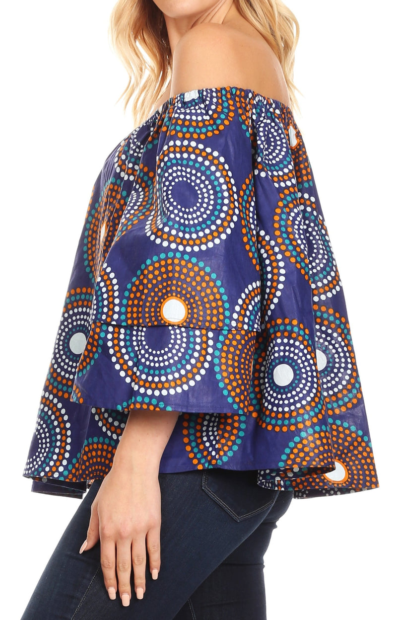 Sakkas Abree Off-shoulder Short Sleeve  Blouse Top Ankara Wax Dutch African Print