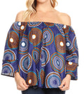Sakkas Abree Off-shoulder Short Sleeve  Blouse Top Ankara Wax Dutch African Print#color_423-BlueMulti 