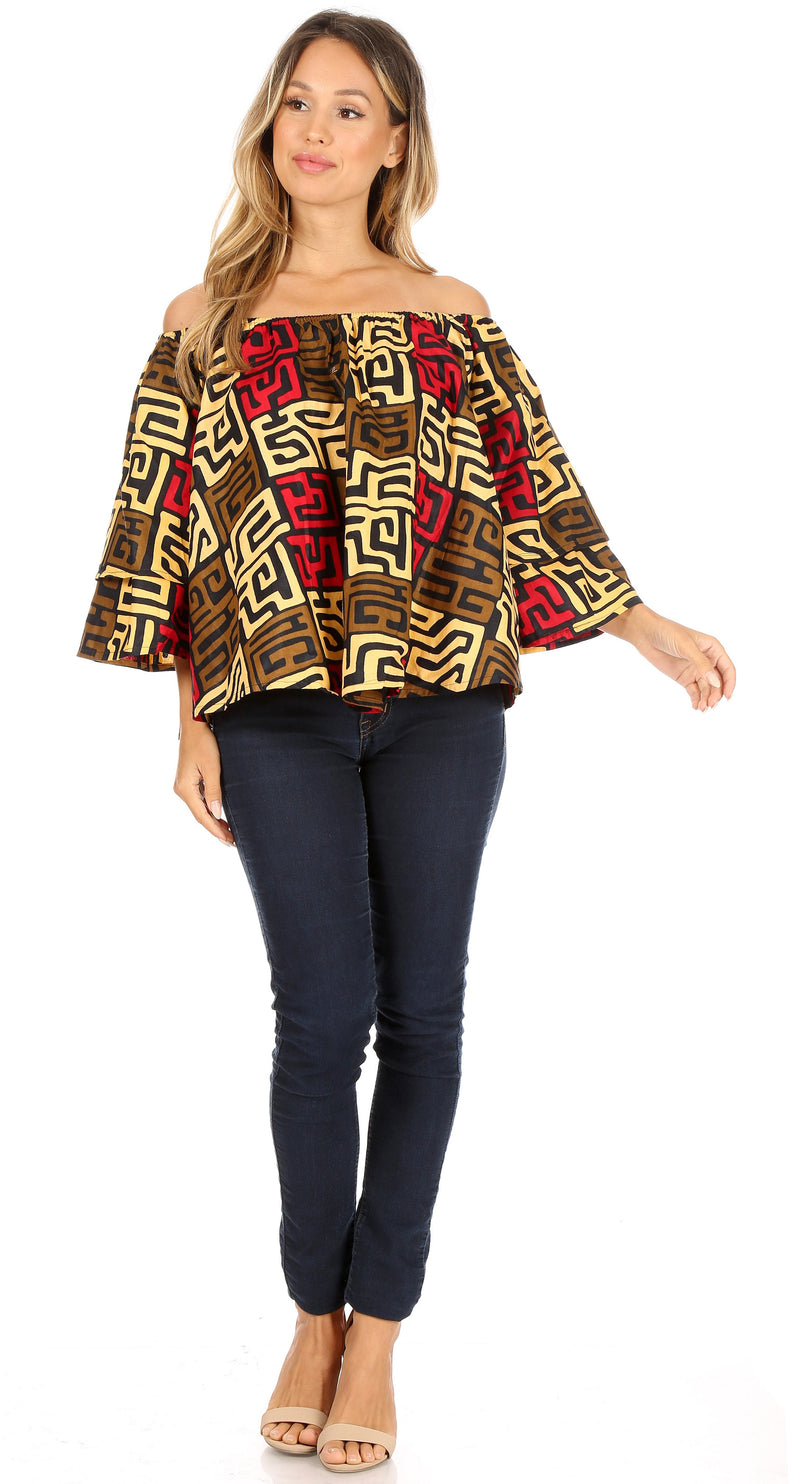 Sakkas Abree Off-shoulder Short Sleeve  Blouse Top Ankara Wax Dutch African Print