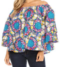 Sakkas Abree Off-shoulder Short Sleeve  Blouse Top Ankara Wax Dutch African Print#color_88-Multi
