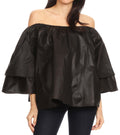 Sakkas Abree Off-shoulder Short Sleeve  Blouse Top Ankara Wax Dutch African Print#color_Black 