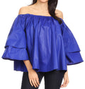 Sakkas Abree Off-shoulder Short Sleeve  Blouse Top Ankara Wax Dutch African Print#color_Blue 
