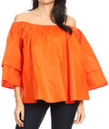 Sakkas Abree Off-shoulder Short Sleeve  Blouse Top Ankara Wax Dutch African Print#color_Orange 