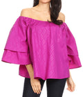 Sakkas Abree Off-shoulder Short Sleeve  Blouse Top Ankara Wax Dutch African Print#color_Purple 