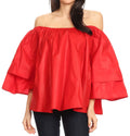 Sakkas Abree Off-shoulder Short Sleeve  Blouse Top Ankara Wax Dutch African Print#color_Red 