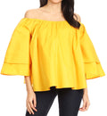 Sakkas Abree Off-shoulder Short Sleeve  Blouse Top Ankara Wax Dutch African Print#color_Yellow 