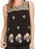 Sakkas Devika Sleeveless Tank Top Batik Blouse With Embroidery#color_Black