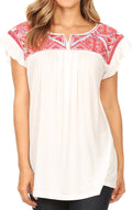 Sakkas Kimi Split Neck Embroidered Top with Flutter Sleeve#color_OFFWhite/RED
