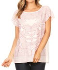Sakkas Karina Floral Embroidered Short Sleeve Dolman Top#color_OFFWhite/RED