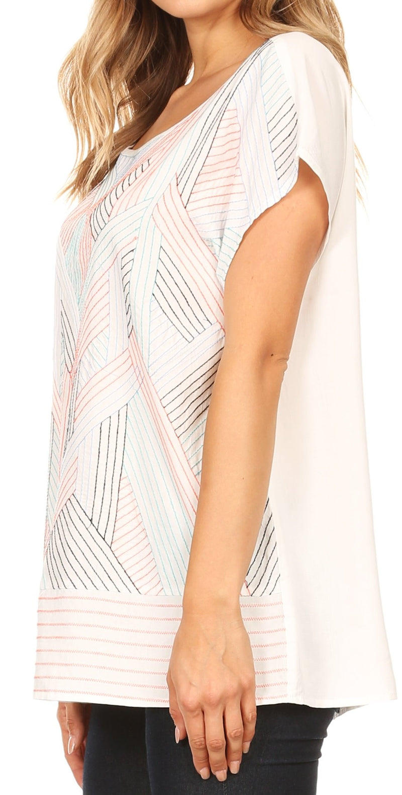 Sakkas Nala Multi-Color Geometric Embroidered Short Sleeve Dolman Top