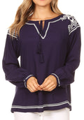 Sakkas Dani Long Sleeve Embroidered Tassel Tie Front Notch Blouse#color_Navy